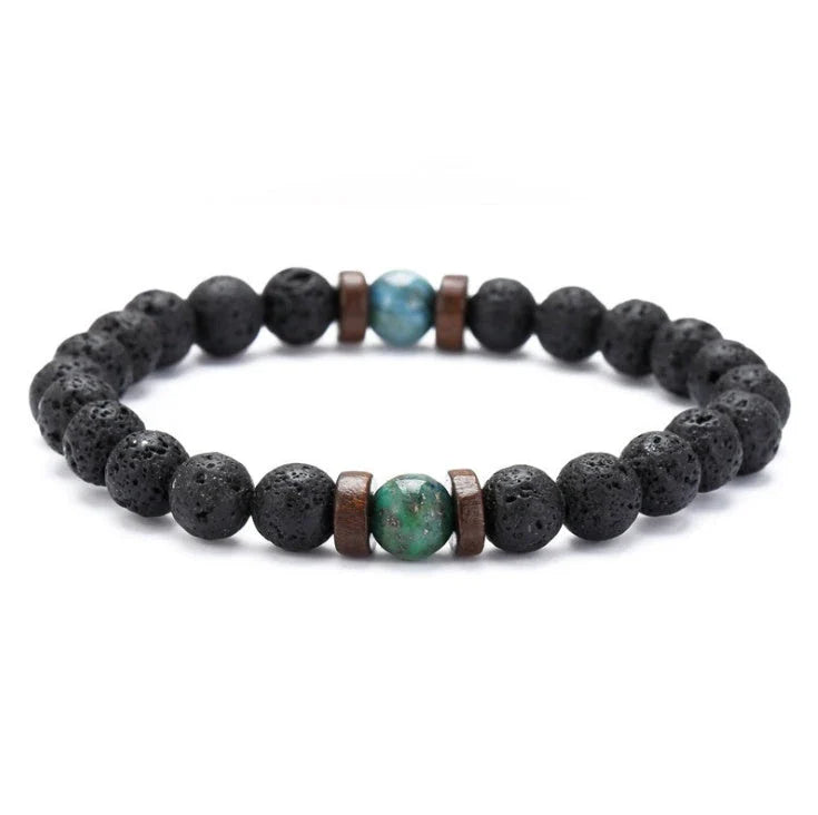 A stylish and durable men's bracelet made with volcanic stone, flash stone, and wood chips
