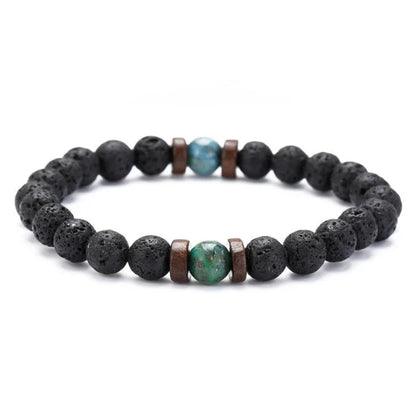 A stylish and durable men's bracelet made with volcanic stone, flash stone, and wood chips