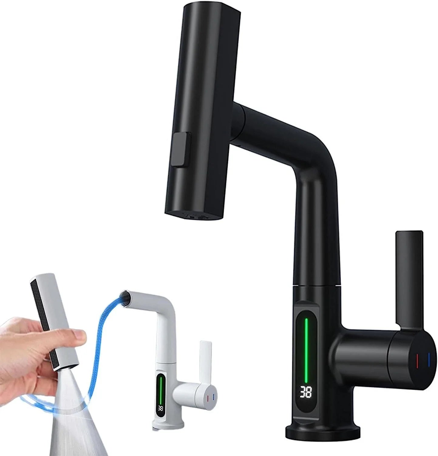 Sleek digital faucet with temperature display, 360° rotation, and pull-out hose for modern kitchen and bathroom needs