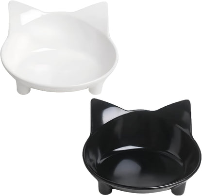 White melamine pet food bowl with shallow dish and non-slip black rubber base on a wooden floor.