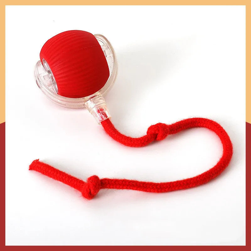 Silicone rolling ball cat toy showing red, green, and grey colour options with self-hi motion mechanism
