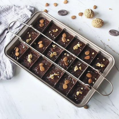 Silver checkered brownie baking pan with square moulds on high carbon steel