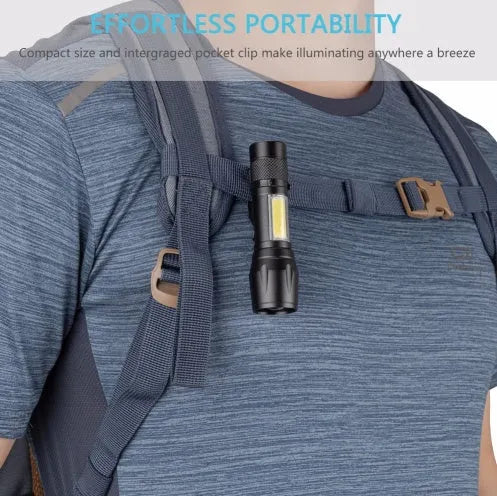 Mini black aluminium alloy telescopic LED flashlight with clip and zoom adjustment