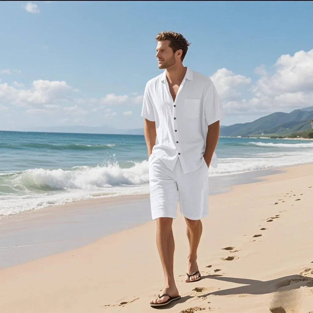 Linen leisure short sleeve shirt and shorts set in hemp blend fabric, available in multiple colours and sizes