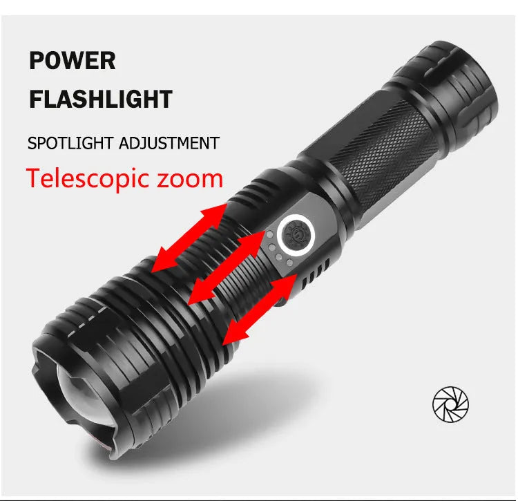 P70 outdoor flashlight with XHP70 LED, micro USB charging, telescopic zoom, and aluminium alloy body