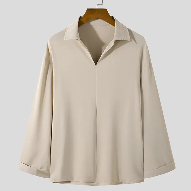Men's loose fit casual pullover shirt in solid colour with long sleeves and non-ironing fabric