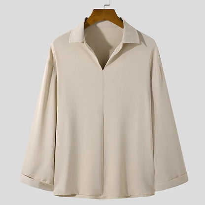 Men's loose fit casual pullover shirt in solid colour with long sleeves and non-ironing fabric