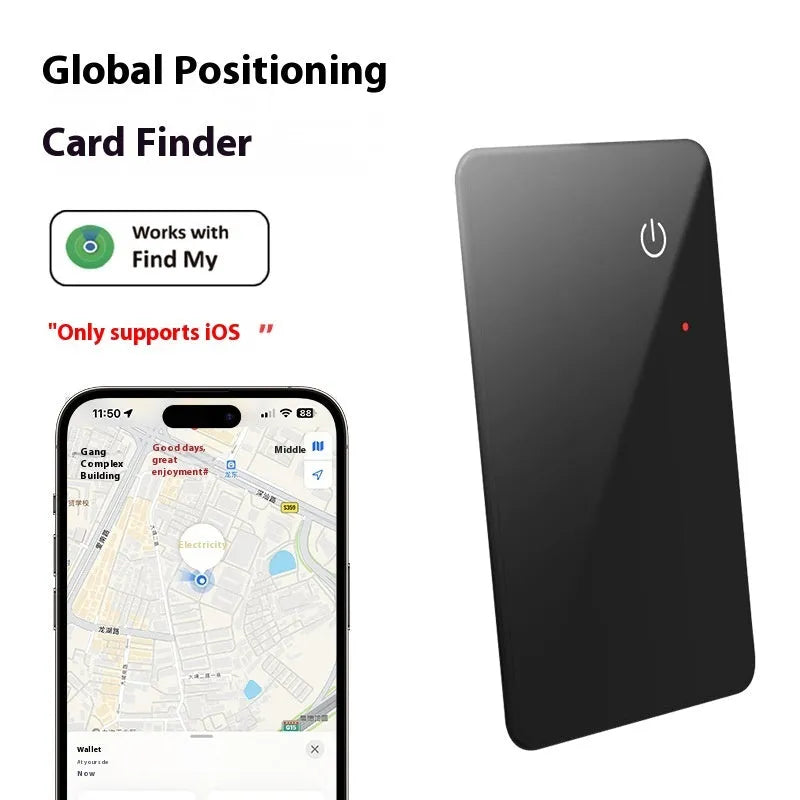 Black card-sized pet tracker with wireless charging and a hanging hole for collar attachment