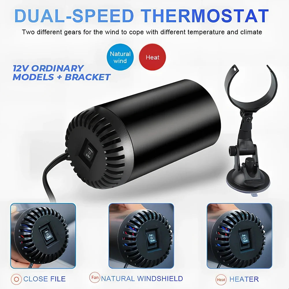 Black grey 12V car heater measuring 15cm × 7cm with 1.5m cable for windshield defogging