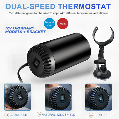 Black grey 12V car heater measuring 15cm × 7cm with 1.5m cable for windshield defogging