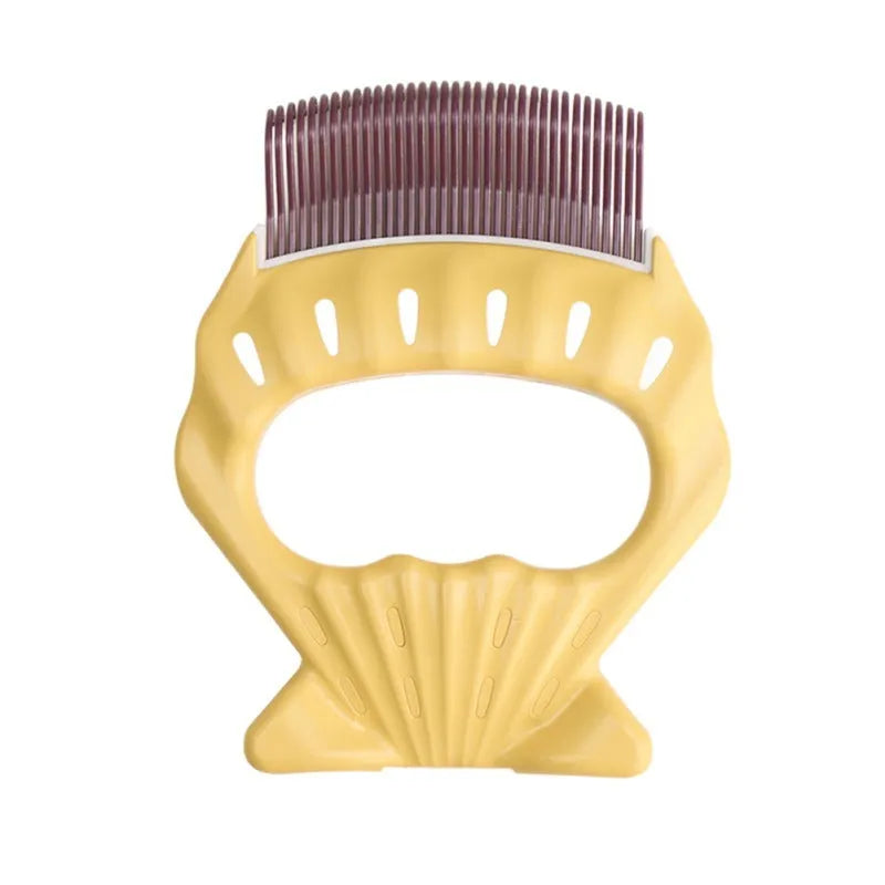 Green shell shaped pet grooming comb with bent wire bristles for removing loose hairs from dogs and cats