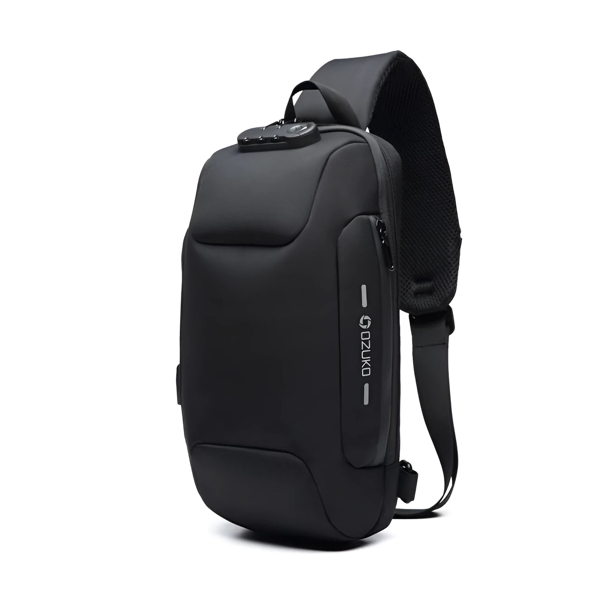 Anti-theft USB chest bag in Oxford cloth with zip closure, square vertical section, and polyester lining, shown in dark blue.