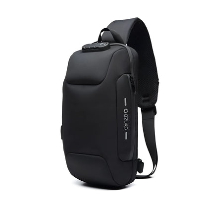 Anti-theft USB chest bag in Oxford cloth with zip closure, square vertical section, and polyester lining, shown in dark blue.