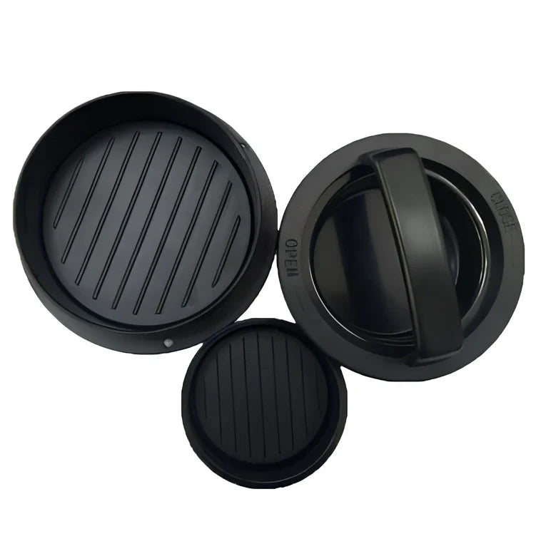 Square meat press with removable base creating uniform 12.5cm burger patties