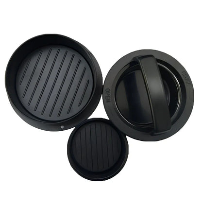 Square meat press with removable base creating uniform 12.5cm burger patties