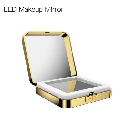 Black or white LED makeup mirror with magnification and standard mirrors, showing three lighting mode buttons.