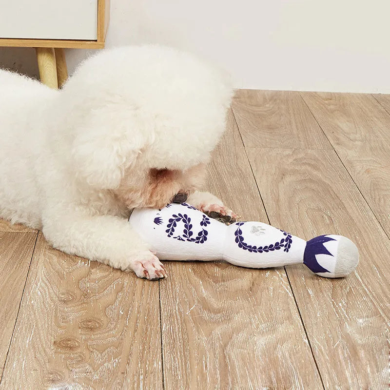 Funny dog toy tequila bottle plush dog toy with squeaker for all dog sizes, measuring 26 cm tall with red and white colours, suitable as birthday gift dog toy