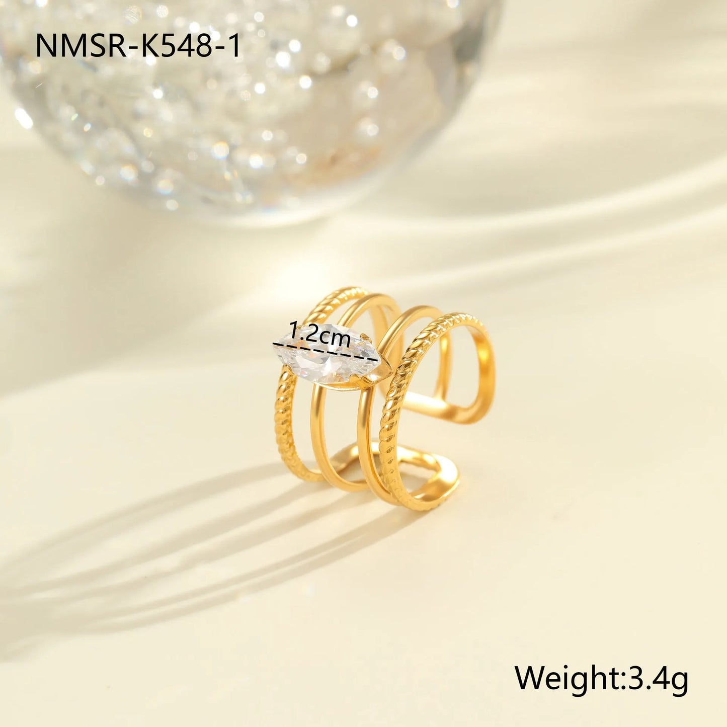 Gold electroplated stainless steel ring with heart shape design and open mouth fitting