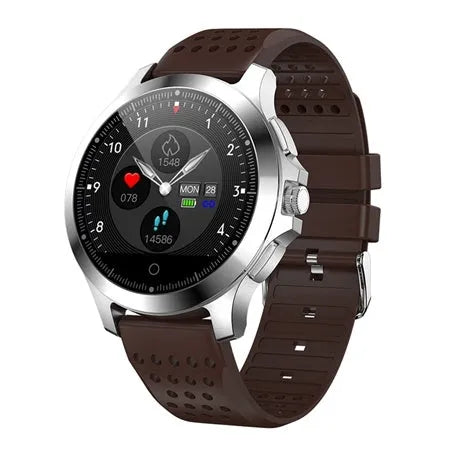 W8 ECG smart bracelet with stainless steel body and TPU strap in black, brown or coffee colour