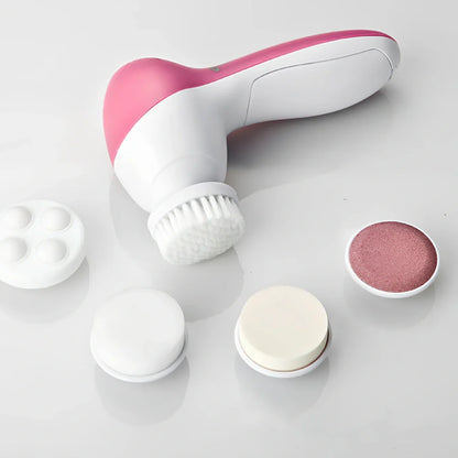 Pink electric facial cleanser device with 5 attachments for pore cleaning and blackhead removal, compact 130x70x48mm size