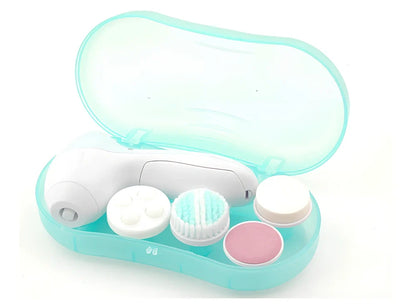 Pink electric facial cleanser device with 5 attachments for pore cleaning and blackhead removal, compact 130x70x48mm size