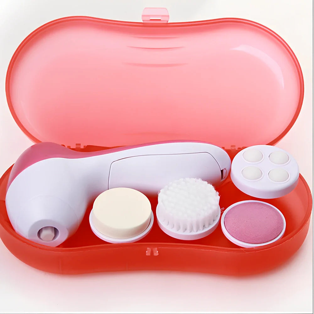 Pink electric facial cleanser device with 5 attachments for pore cleaning and blackhead removal, compact 130x70x48mm size