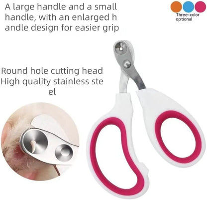 Blue cat nail clippers with a circular safety hole and cushioned non-slip grips on a white background.