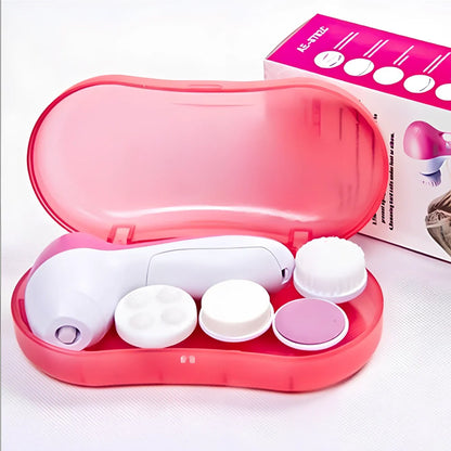 Pink electric facial cleanser device with 5 attachments for pore cleaning and blackhead removal, compact 130x70x48mm size