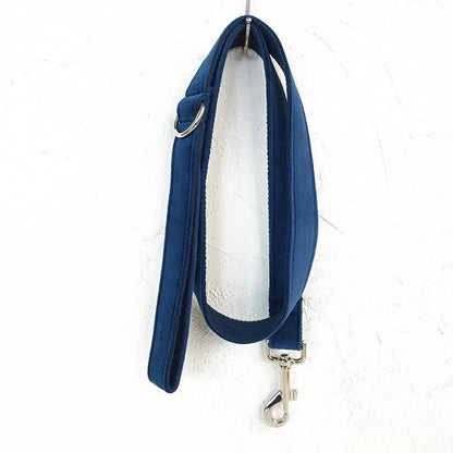 Dark blue velvet pet collar with optional bow tie and leash