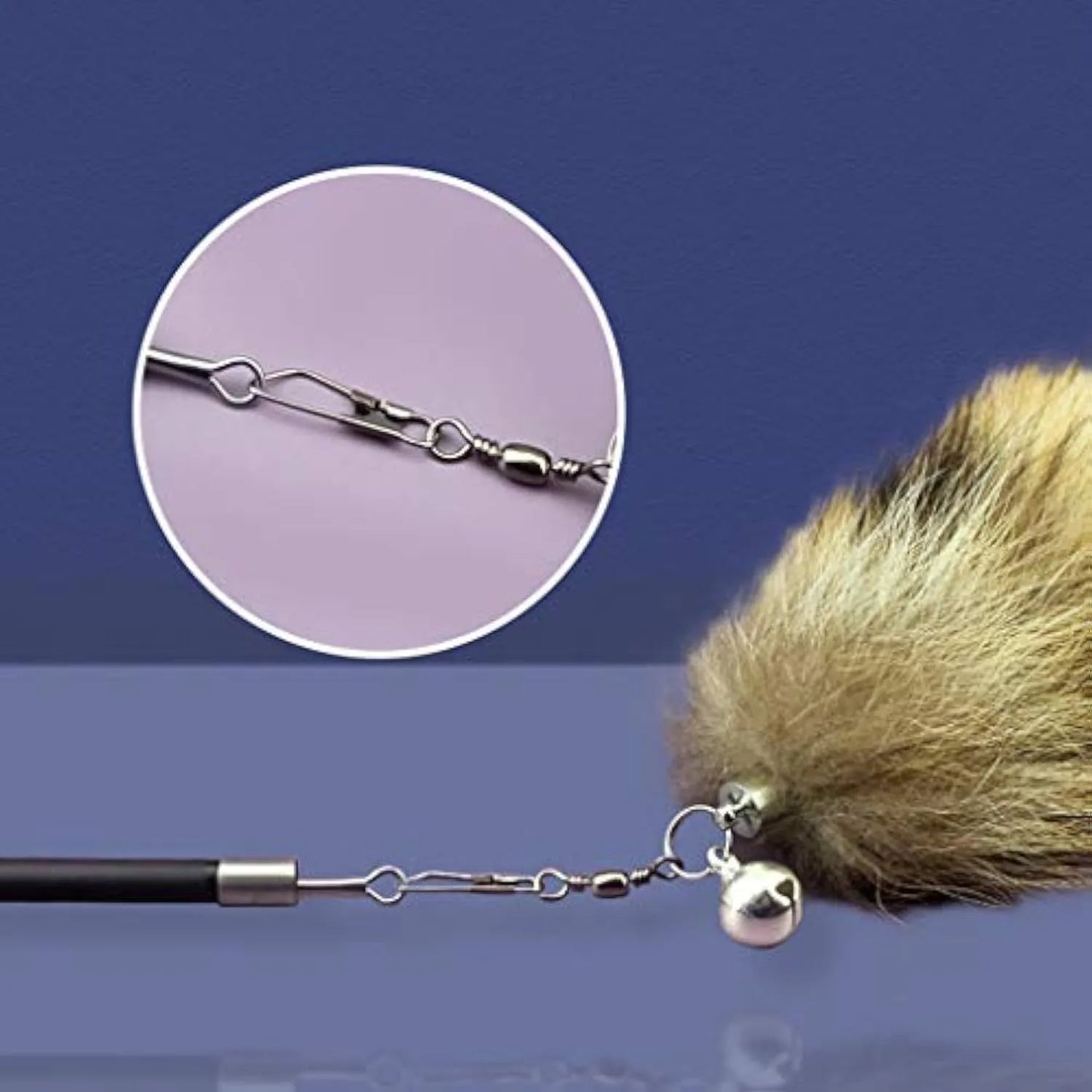 Black cat toy wand with a long elastic string and a feather teaser catcher for interactive play.