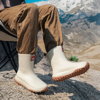 Men's PVC rain boots in beige, brown, black, and black red with plastic soles
