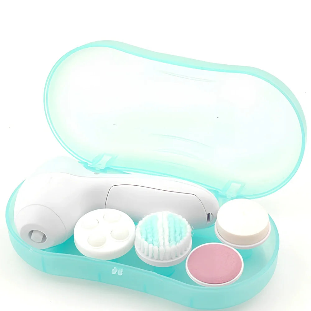 Pink electric facial cleanser device with 5 attachments for pore cleaning and blackhead removal, compact 130x70x48mm size