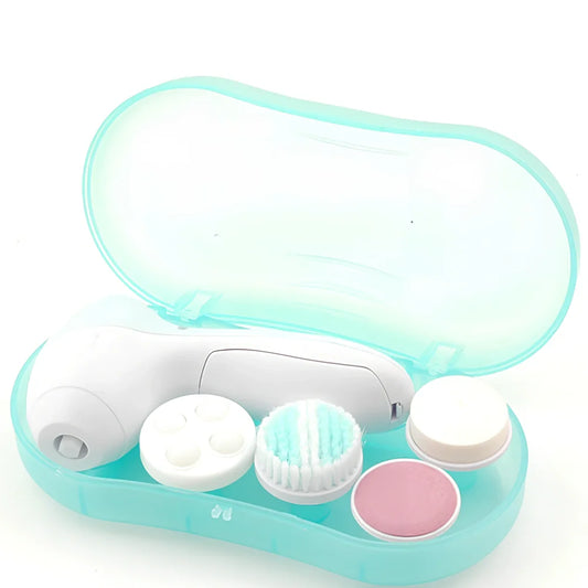 Pink electric facial cleanser device with 5 attachments for pore cleaning and blackhead removal, compact 130x70x48mm size