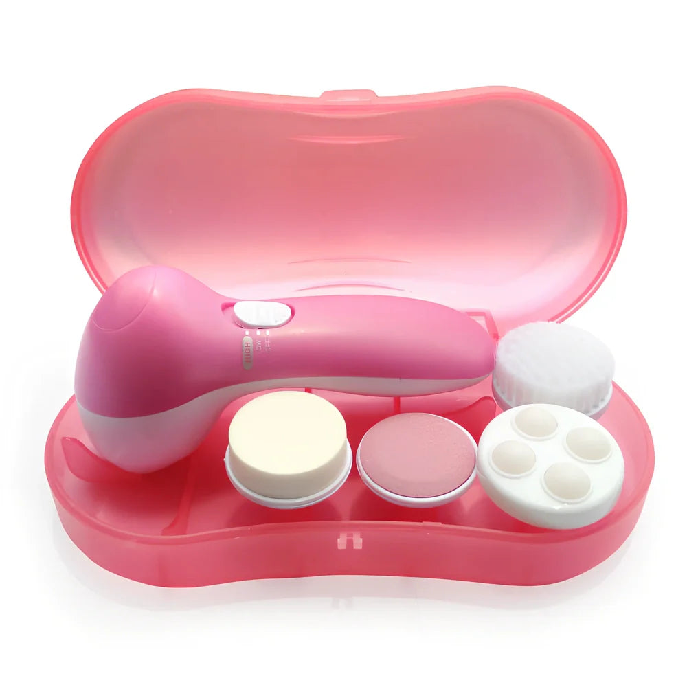 Pink electric facial cleanser device with 5 attachments for pore cleaning and blackhead removal, compact 130x70x48mm size