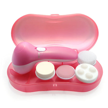 Pink electric facial cleanser device with 5 attachments for pore cleaning and blackhead removal, compact 130x70x48mm size