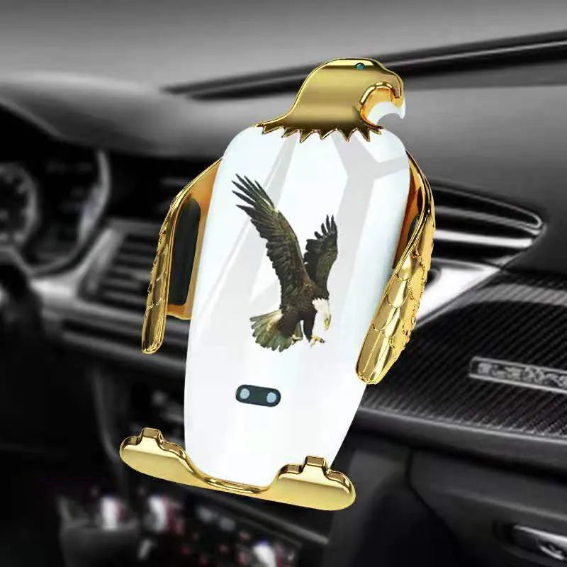 Car phone holder with wireless charging pad and Eagle design on a suction cup mount.