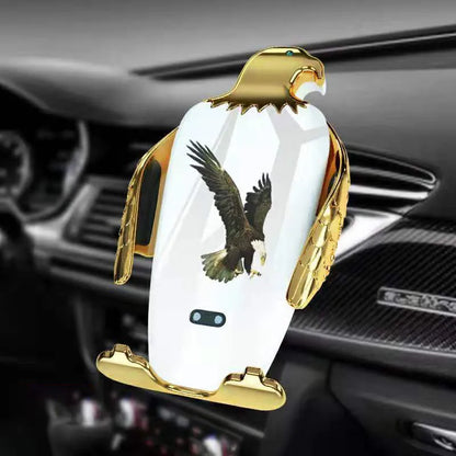 Car phone holder with wireless charging pad and Eagle design on a suction cup mount.