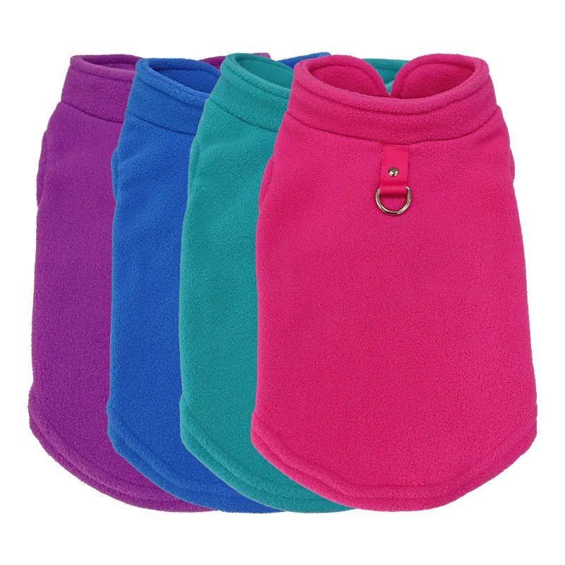 Thickened polar fleece dog waistcoat in solid colours red, black, blue, available in sizes S M L XL.