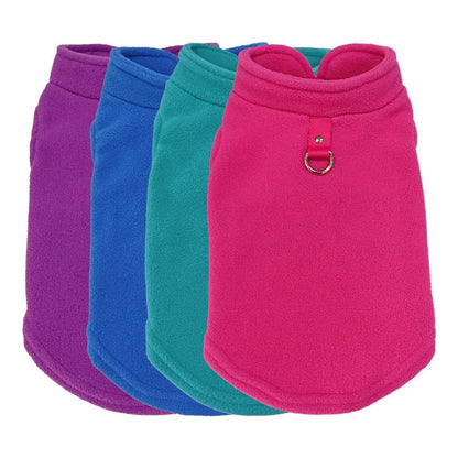 Thickened polar fleece dog waistcoat in solid colours red, black, blue, available in sizes S M L XL.