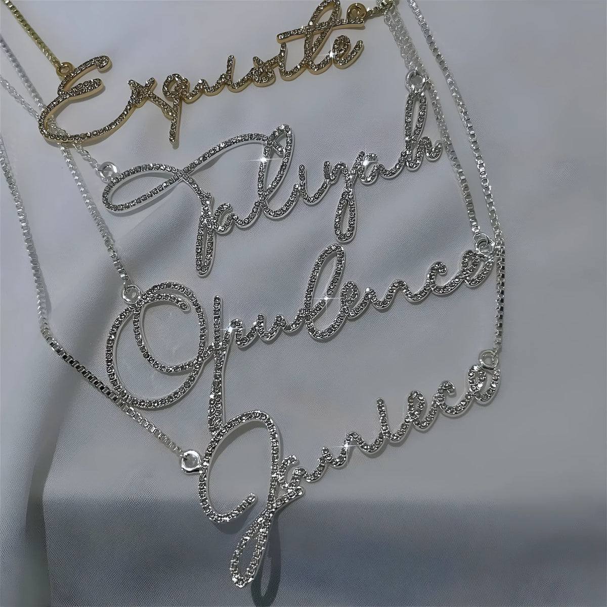 Personalised diamond-studded letter name necklace in stainless steel with silver chain