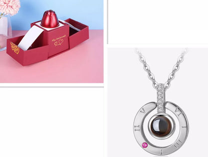Valentine's Day Metal Rose Jewelry Gift Box Necklace with adjustable crystal necklace and maroon gift box
