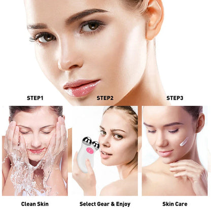 Micro current beauty instrument in orange and white colours showing facial treatment application