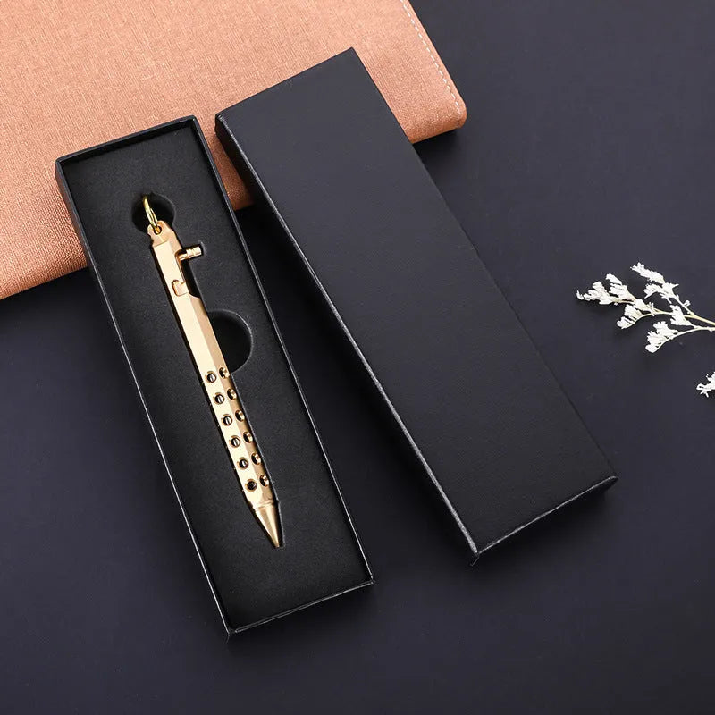 Brass hexagonal bolt pen with retro design showing 6-angle construction and 0.5mm writing tip
