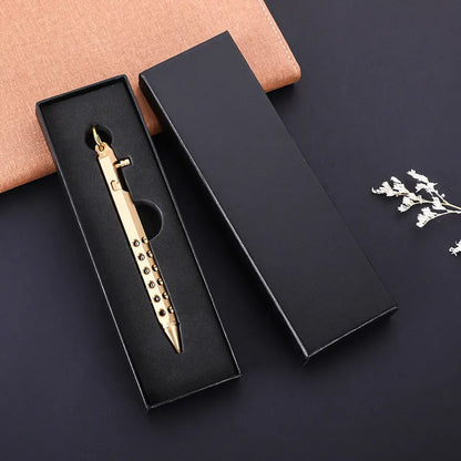 Brass hexagonal bolt pen with retro design showing 6-angle construction and 0.5mm writing tip