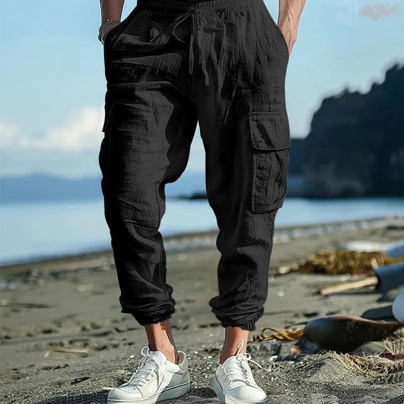 Men's linen casual trousers with adjustable ankle ties and four pockets in khaki colour