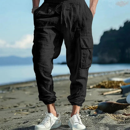 Men's linen casual trousers with adjustable ankle ties and four pockets in khaki colour