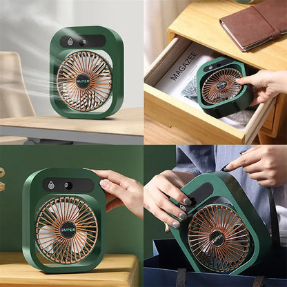 Green and white USB rechargeable misting fan humidifier with adjustable head on a desk