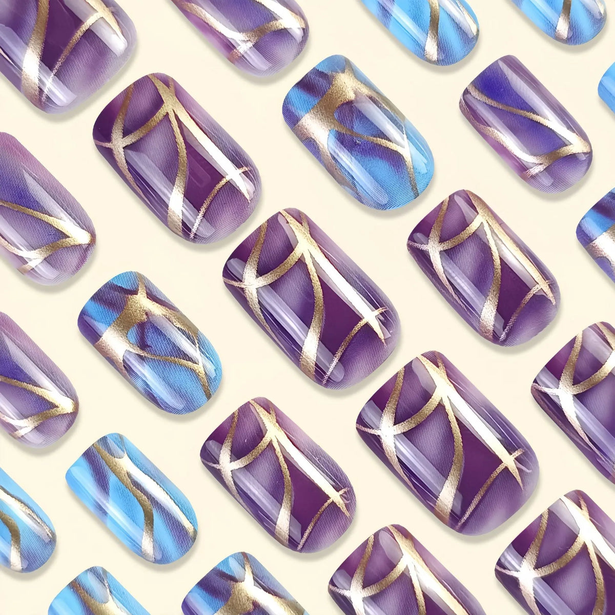 Purple striped nail stickers on clear backing in European and American mid-length decorative style