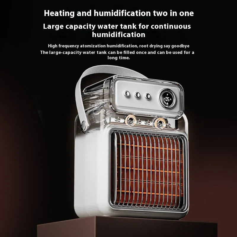 White 1200W room heater with humidifier measuring 19cm by 25cm, showing control panel with temperature and mist settings
