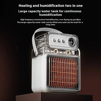 White 1200W room heater with humidifier measuring 19cm by 25cm, showing control panel with temperature and mist settings